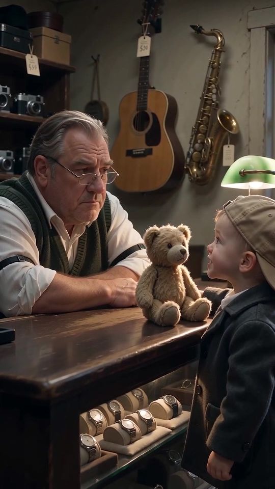 A one-year-old in a backwards cap negotiating across a pawn-shop counter — a frame from episode 2, generated by this pipeline